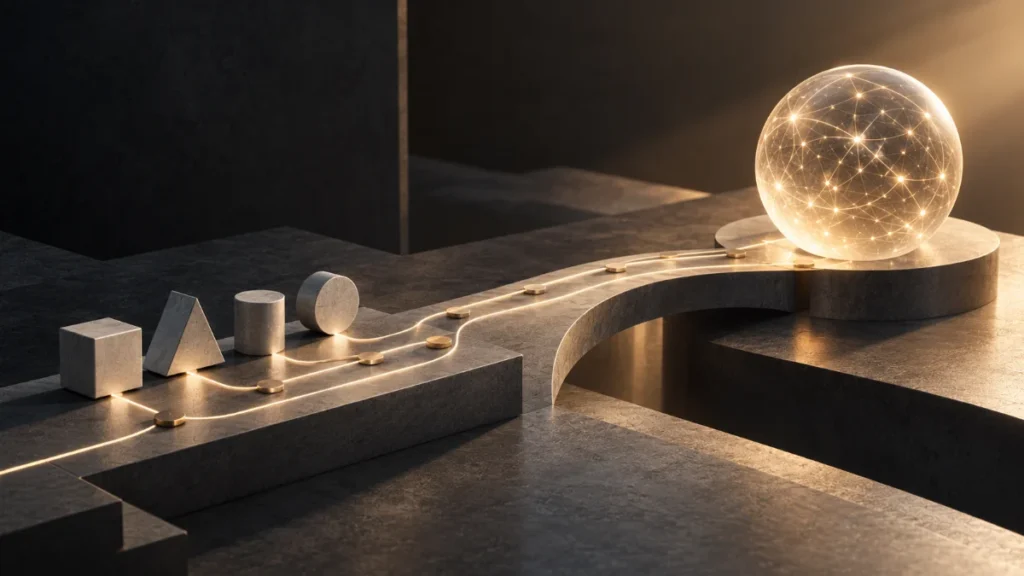 AI Evaluation Beyond Accuracy: A Practical Quality Framework 7 A pathway connects geometric task elements to an illuminated network sphere, representing the progression from AI inputs and evidence to an informed decision. AI evaluation