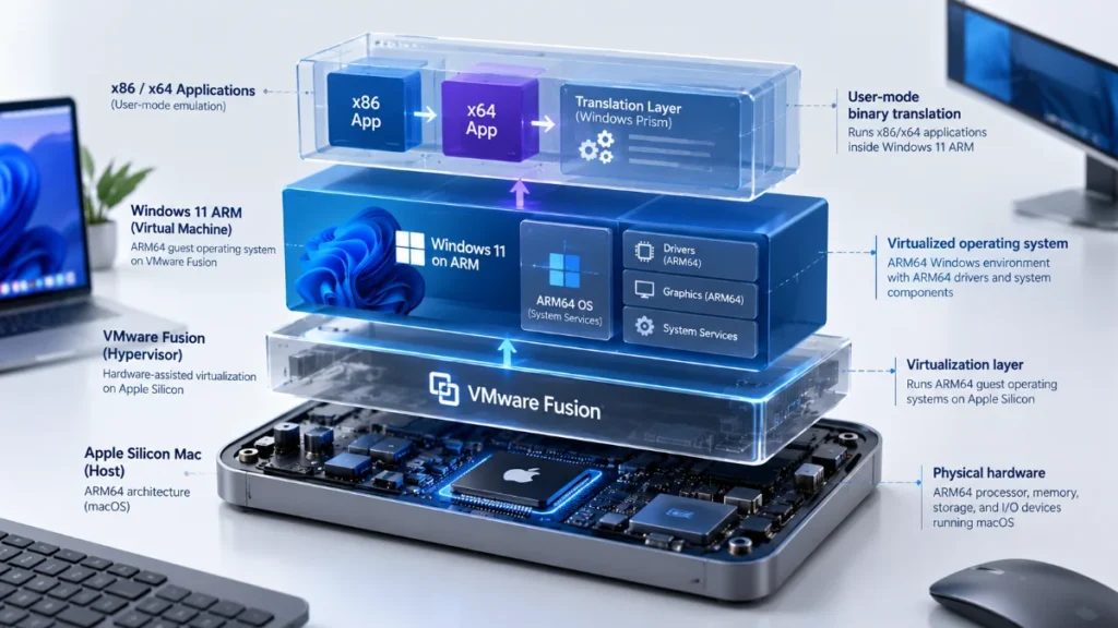 Apple Silicon Compatibility: ARM, x86 and Virtual Machines 7 Conceptual technical illustration distinguishing an ARM64 host, an ARM64 virtual machine, and x86 application translation. Apple Silicon