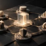 AI Evaluation Beyond Accuracy: A Practical Quality Framework 4 Abstract AI system represented by a central illuminated crystal structure connected to multiple evaluation dimensions on a dark architectural surface. AI evaluation
