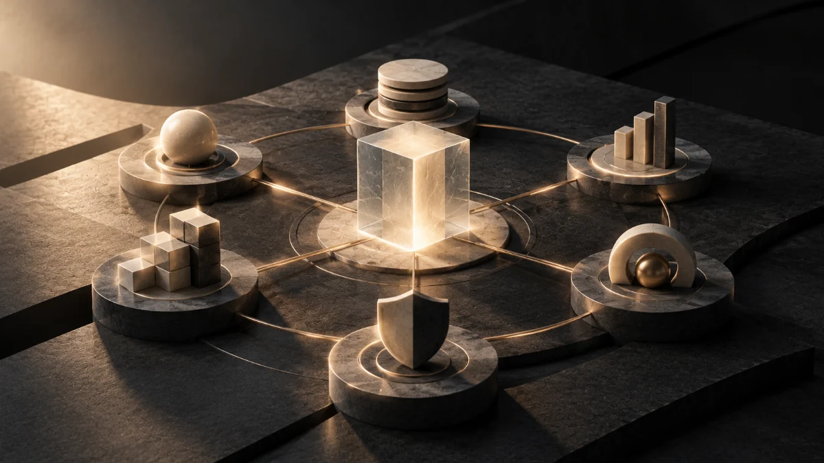 AI Evaluation Beyond Accuracy: A Practical Quality Framework 6 Abstract AI system represented by a central illuminated crystal structure connected to multiple evaluation dimensions on a dark architectural surface. AI evaluation