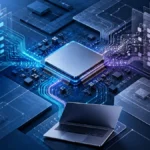 A central processor connected to blue and violet software architecture pathways beside a modern laptop, symbolizing ARM and x86 compatibility. Apple Silicon