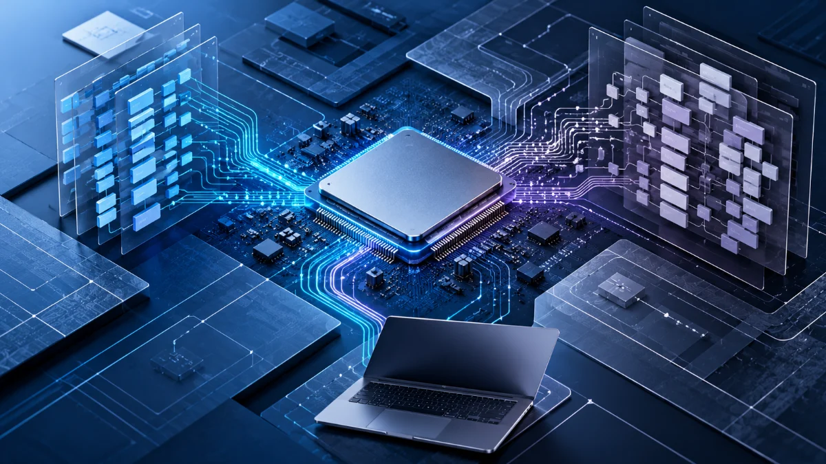 A central processor connected to blue and violet software architecture pathways beside a modern laptop, symbolizing ARM and x86 compatibility. Apple Silicon