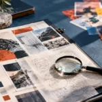 Digital Brand Strategy: Build Trust Through Evidence 4 Editorial workspace featuring an organized professional portfolio, sketches, material samples, and a magnifying glass, with promotional materials in the background. digital brand strategy
