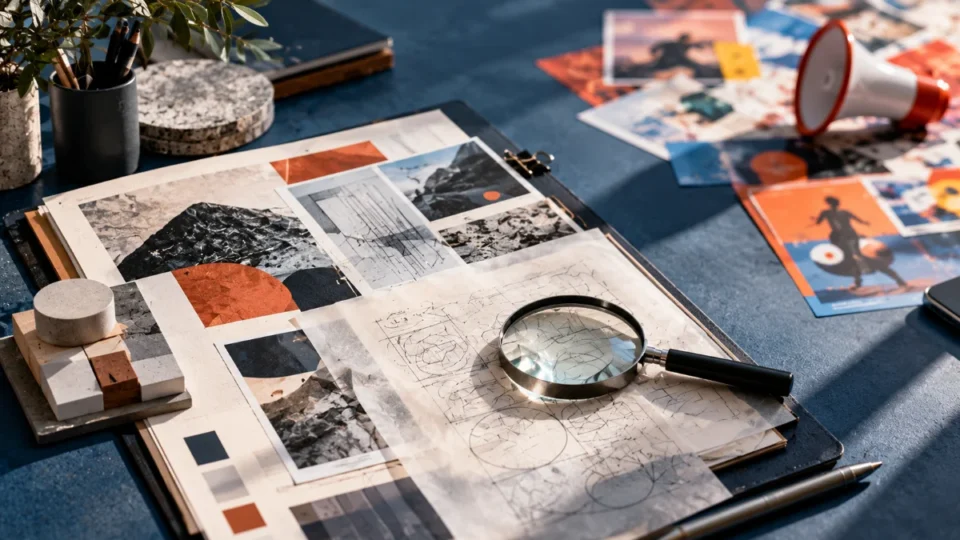 Digital Brand Strategy: Build Trust Through Evidence 4 Editorial workspace featuring an organized professional portfolio, sketches, material samples, and a magnifying glass, with promotional materials in the background. digital brand strategy