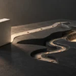 Conceptual architectural landscape with a prominent rectangular block and a winding path toward a recessed illuminated area, symbolizing investigation beneath an initial solution. problem framing