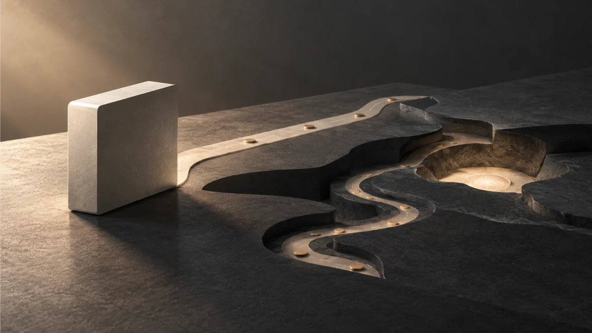 Conceptual architectural landscape with a prominent rectangular block and a winding path toward a recessed illuminated area, symbolizing investigation beneath an initial solution. problem framing