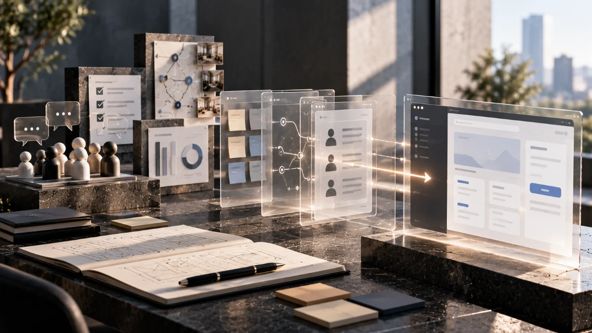 UX Research Methods: Choose by Decision Risk, Not Habit 6 Abstract research evidence hub with four illuminated pathways connecting different information structures to a central decision point. UX research methods