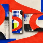Visual Language Across Formats: A Flexible Design System 4 Three differently sized media compositions share bold red curves, cobalt geometric patterns, and textured graphic elements in a consistent visual identity. visual language