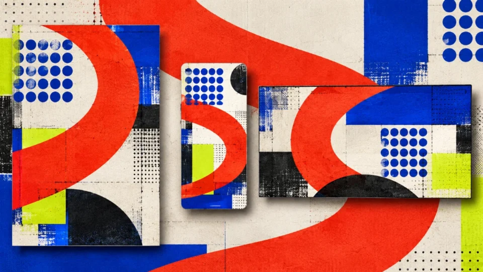 Visual Language Across Formats: A Flexible Design System 5 Three differently sized media compositions share bold red curves, cobalt geometric patterns, and textured graphic elements in a consistent visual identity. visual language