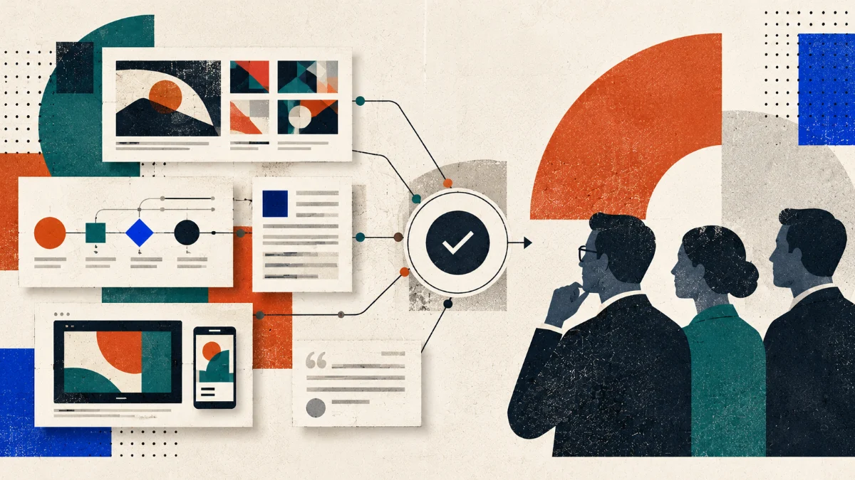 Digital Brand Strategy: Build Trust Through Evidence 7 Editorial illustration connecting professional portfolios, project documentation, and evidence artifacts to a verification symbol and a group of decision-makers. digital brand strategy