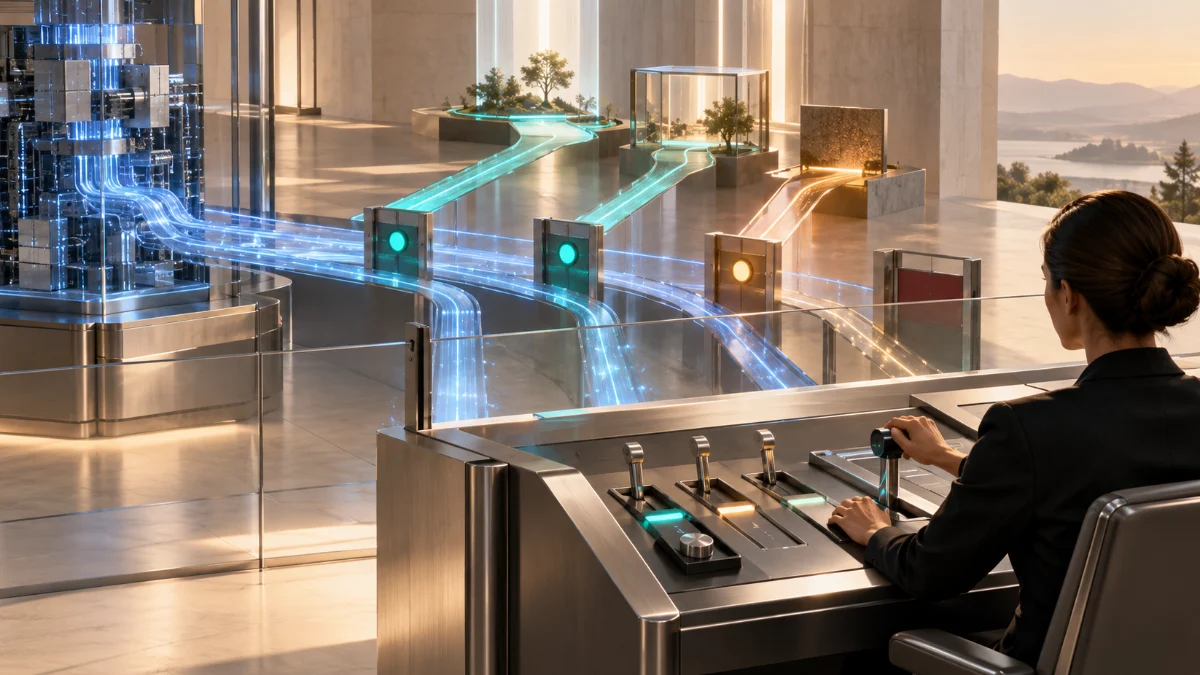 Human Oversight in AI: Review, Escalation, Accountability 4 Conceptual AI decision architecture showing a human-controlled authorization boundary between machine-generated recommendations and consequential actions.