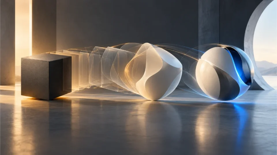 Motion Design Principles: Clarity Without Visual Noise 12 Abstract geometric forms transition through connected states, using restrained motion trails to illustrate continuity and visual clarity. motion design principles