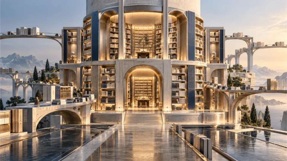 Owned Media Strategy: Building a Durable Publication 11 Conceptual architectural publication archive with interconnected knowledge collections and outward discovery pathways representing long-term owned media value. owned media strategy