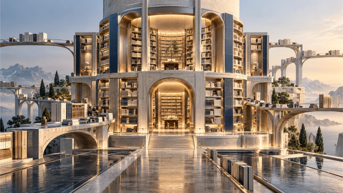 Owned Media Strategy: Building a Durable Publication 4 Conceptual architectural publication archive with interconnected knowledge collections and outward discovery pathways representing long-term owned media value. owned media strategy