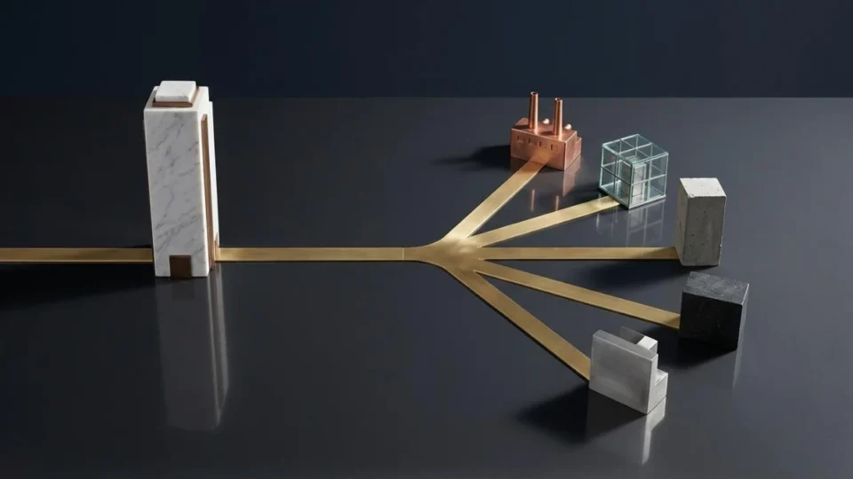 Conceptual architectural installation showing three strategic paths, one selected direction, and two deferred alternatives. product strategy trade-offs