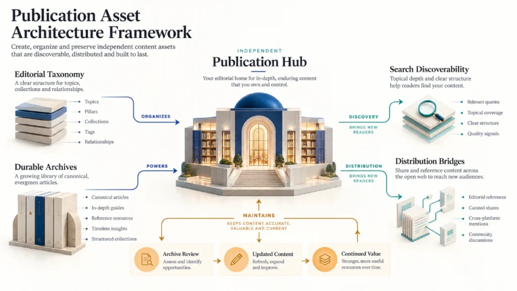 Owned Media Strategy: Building a Durable Publication 5 Five-layer publication architecture connecting a publishing hub, editorial taxonomy, durable archives, search discovery, and distribution channels. owned media strategy