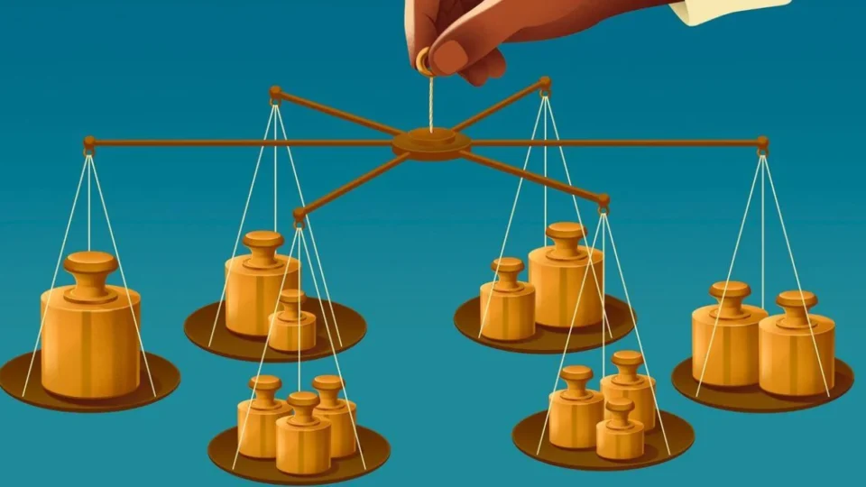 RICE Sensitivity Analysis: When Product Rankings Change 3 A mechanical balance holding colored initiative cards at different levels, illustrating how small estimate changes can alter product prioritization. RICE sensitivity analysis