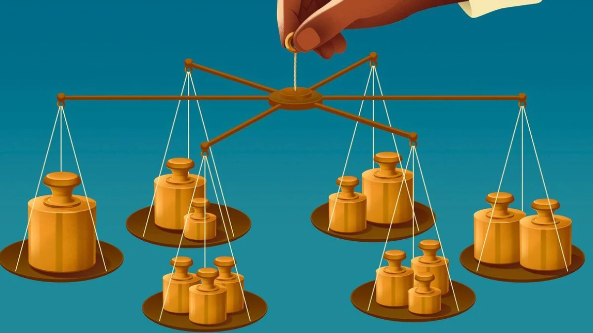 RICE Sensitivity Analysis: When Product Rankings Change 6 A mechanical balance holding colored initiative cards at different levels, illustrating how small estimate changes can alter product prioritization. RICE sensitivity analysis