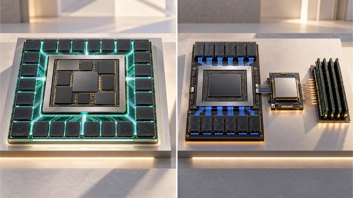Conceptual comparison of an integrated processor using shared unified memory and a discrete graphics processor using separate dedicated VRAM. unified memory vs VRAM