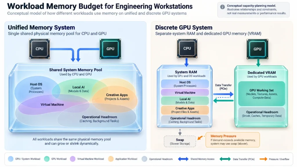 Conceptual workload memory budget comparing shared CPU and GPU memory demands with separate system RAM and dedicated VRAM, including memory pressure and operational headroom. unified memory vs VRAM
