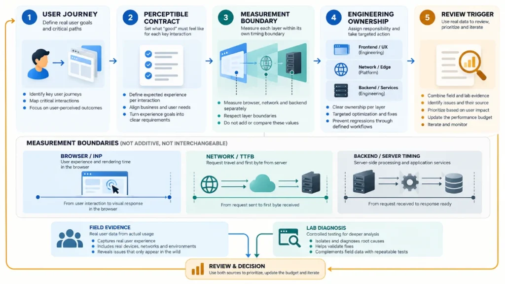 Web Performance Requirements: INP to Backend Latency 7 Five-stage user-perceived performance budget framework connecting user journeys, interaction requirements, browser and server metrics, ownership, and review decisions. web performance requirements