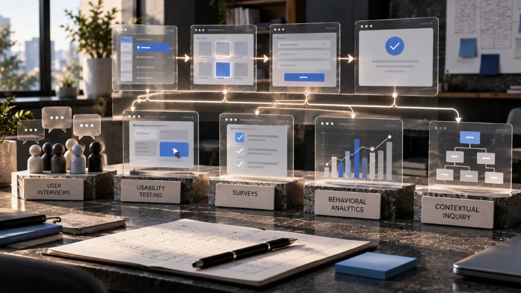 UX Research Methods: Choose by Decision Risk, Not Habit 7 A conceptual series of translucent interface panels linked by an illuminated task pathway leading toward a user symbol. UX research methods