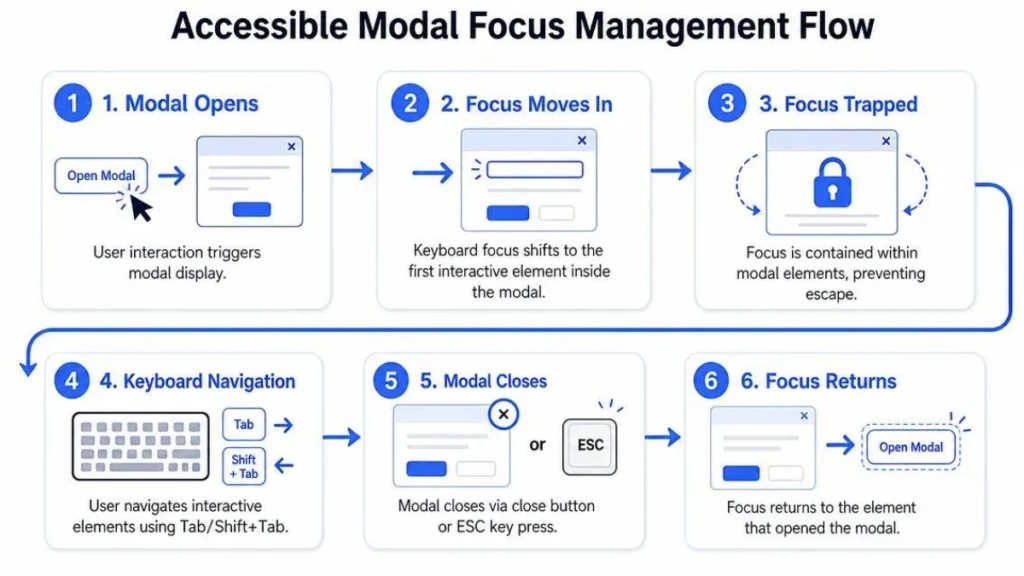 Keyboard Accessibility Audit: A Real World Focus Trap 7 Conceptual diagram showing keyboard navigation entering an assistance panel, followed by unsuccessful Tab, Shift+Tab, and Escape attempts that require pointer input for recovery. keyboard accessibility audit