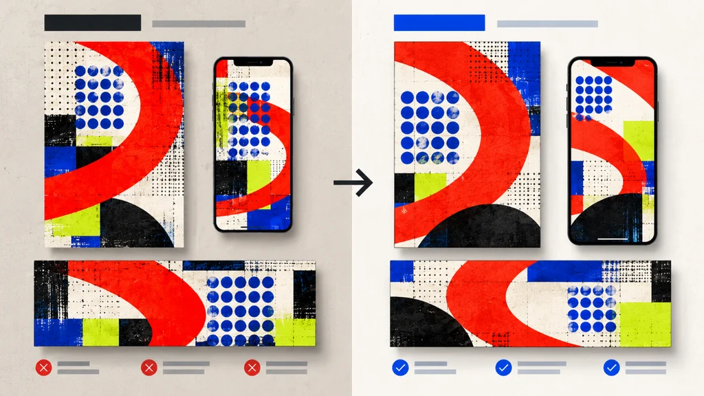 Visual Language Across Formats: A Flexible Design System 7 Conceptual before-and-after comparison showing inconsistent compositions and a coordinated visual identity adapted across different media formats. visual language