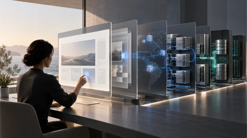 Conceptual web performance engineering architecture connecting an interactive application interface with browser, network, and backend processing layers. web performance requirements